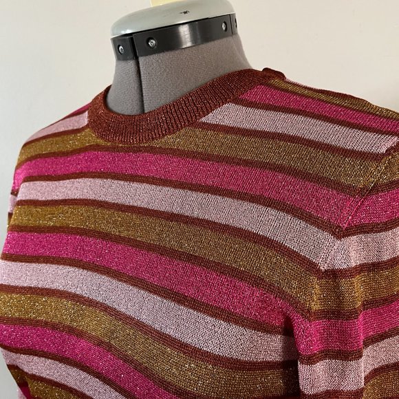 NWT Happy Sheep Sz L Lurex Metallic Stripe Sheer Knit Sweater Pink Rust Gold - Picture 2 of 10